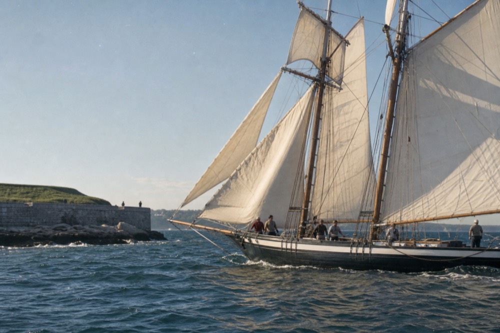 A tall ship under sail on open harbor water near a bridge, no text, no logos, no people