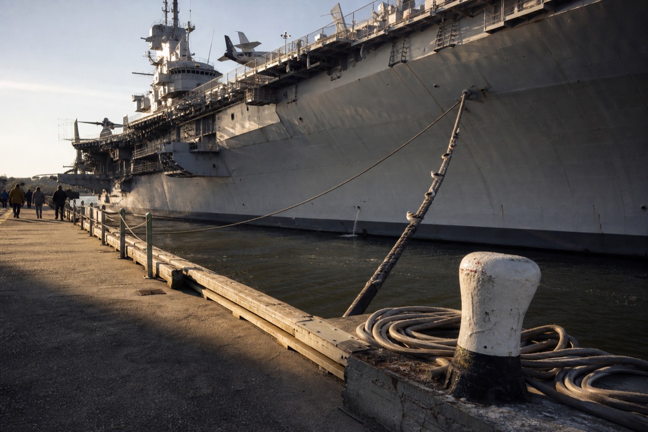 Aircraft carrier USS Yorktown moored at Patriots Point in Charleston Harbor, no text, no logos, no people