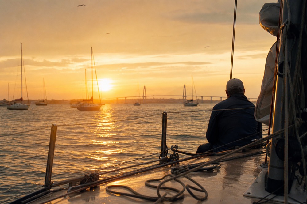 Golden sunset light over a harbor with sailboats at anchor and a bridge in the distance, no text, no logos, no people