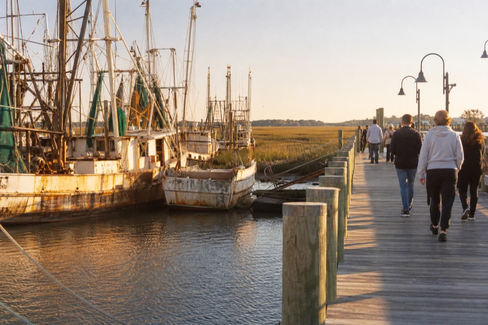 Shem Creek boardwalk and shrimp boats, no text, no logos, no people