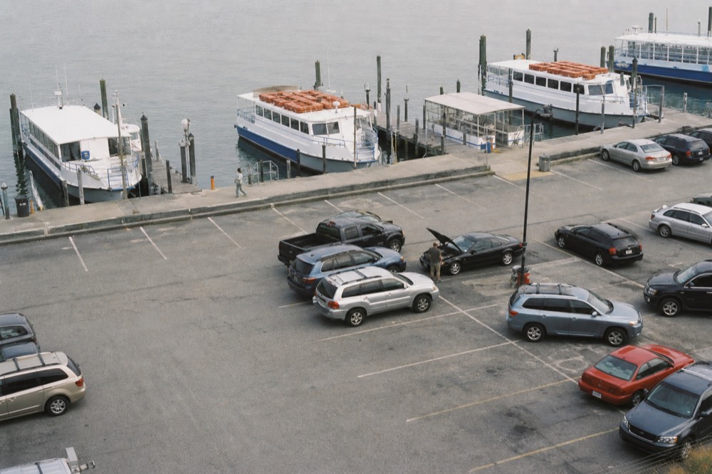 Overview of parking lots near Charleston marinas, no text, no logos, no people