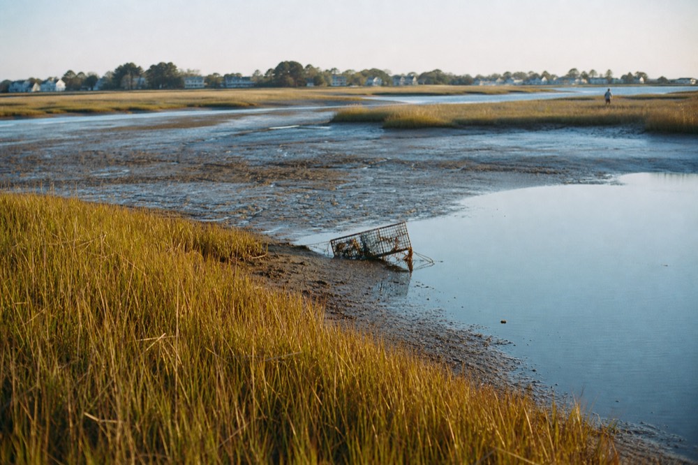 A calm tidal creek at low tide with marsh grass and shallow water, no text, no logos, no people