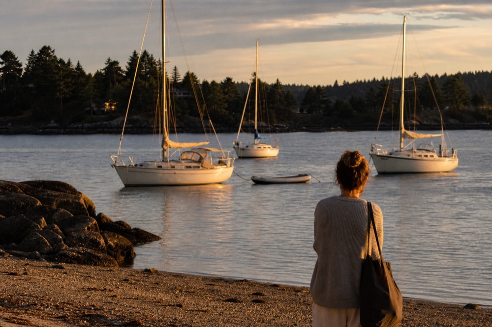 Golden evening light on the harbor with sailboats near the shoreline, no text, no logos, no people