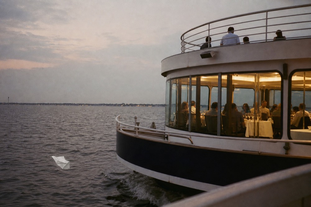Charleston harbor with a dinner cruise boat, no text, no logos, no people