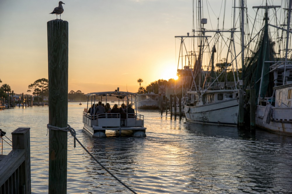 Shem Creek sunset cruise boat, no text, no logos, no people