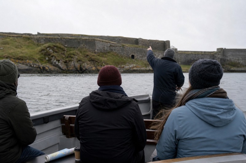 Guide pointing shoreward from the bow of a Charleston live narrated history harbor cruise under overcast light