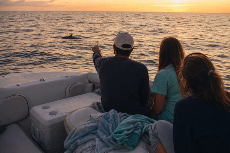Dolphin surfacing near a Charleston harbor cruise boat's wake at sunset with passengers pointing from the bow