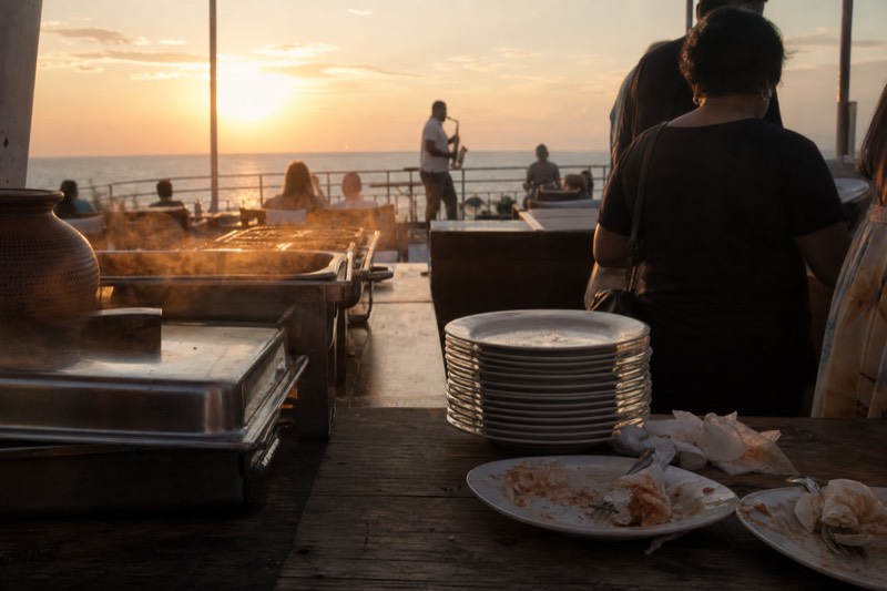 Buffet table on the deck of a Charleston sunset blues and BBQ dinner cruise with a saxophone player silhouetted by the rail