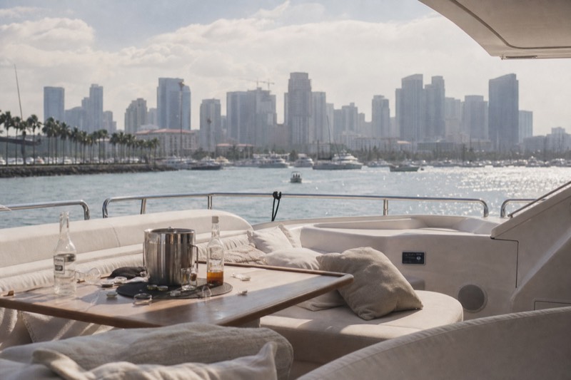 Sleek private luxury yacht idling mid-harbor in Charleston on a hazy late morning charter