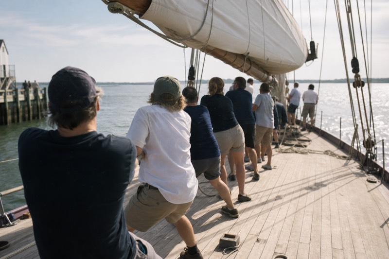 Crew and guests hauling a sail line on a Charleston schooner sailing and dolphin watch cruise
